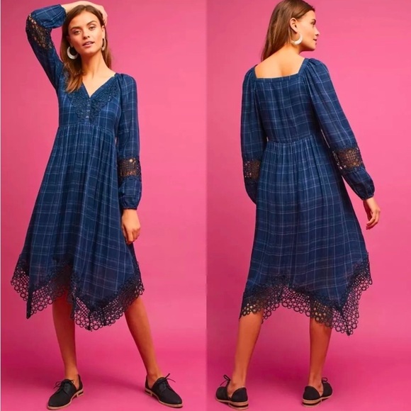 Anthropologie’s Akemi Kin Sz 2 Cottagecore Dress Navy Blue Plaid Codie Lace - Picture 1 of 16